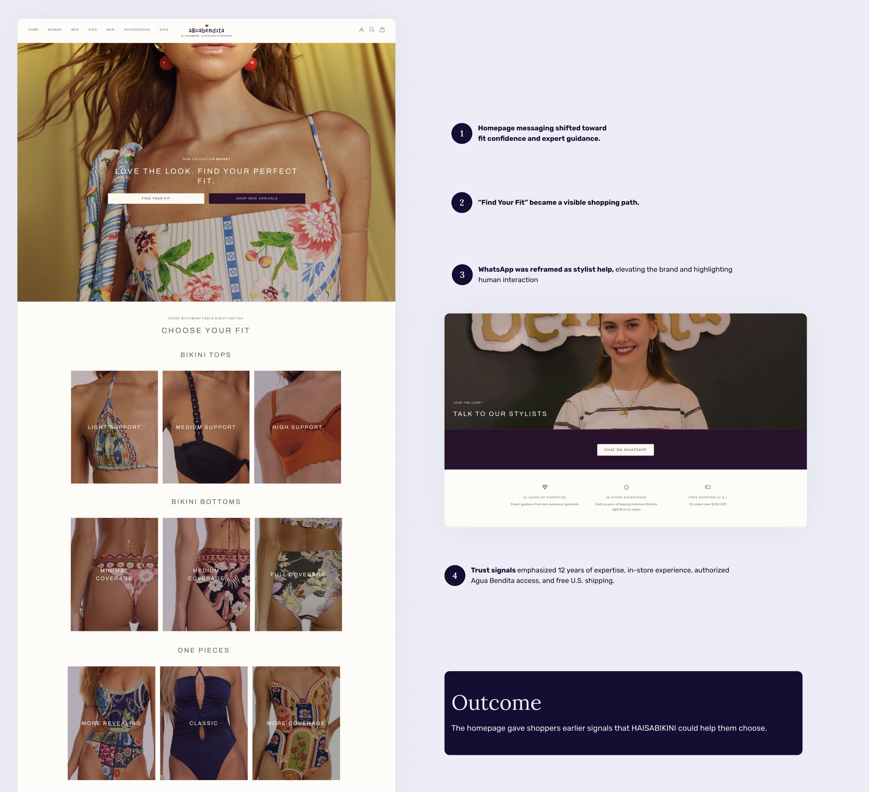 Swimwear collections organized by support, coverage, and fit guidance.