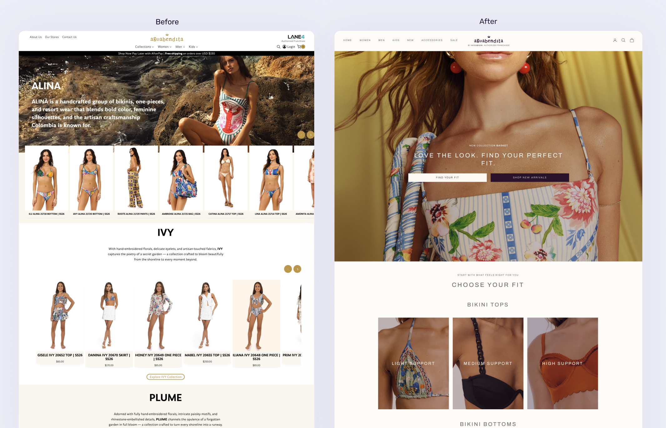 HAISABIKINI homepage before and after the redesign, shifting toward fit guidance.